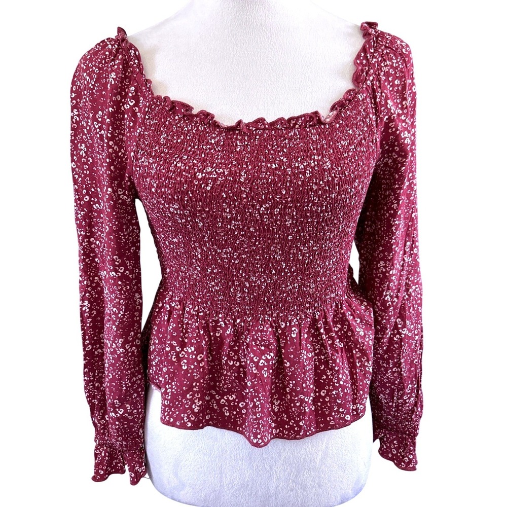 Urban Romantics Smocked Peplum Boho Top Burgundy Floral Ruffle Square Neck S